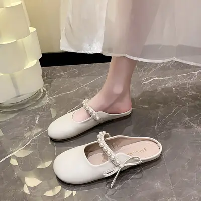 Women Pearl Bow Slippers Summer New Soft Sole