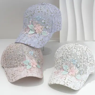 Women's Lace Pearl Hollow Baseball Cap with Flower & Rhinestone