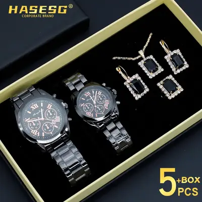 Couple Quartz Watch Set with Necklace & Earrings