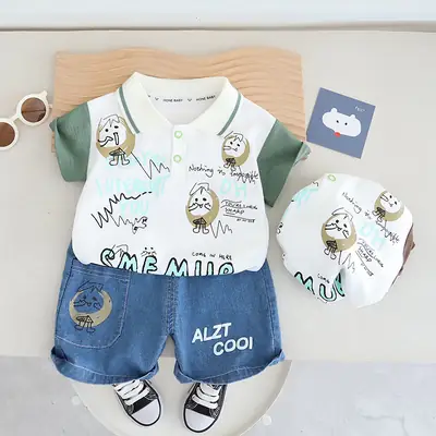 Boys Cotton Short Sleeve T-Shirt Shorts Set White Green Blue