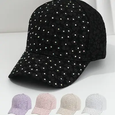 Black Flower Embellished Baseball Cap for Women Men