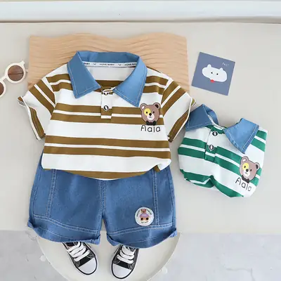 Boys Green Striped Polo Shorts Set Summer 24