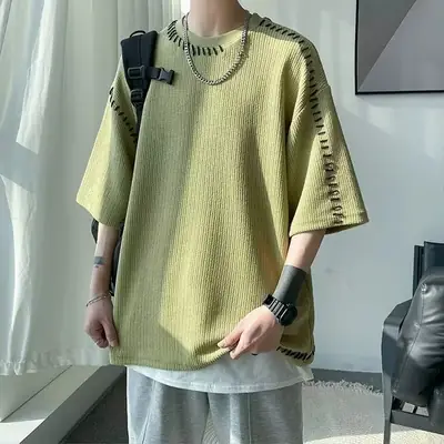 Men's Waffle Cotton Crewneck T-Shirt Grey White Hip-hop Style