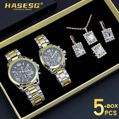 Couple Quartz Watch Set with Necklace & Earrings for Men & Women