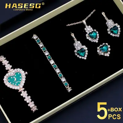 Blue Crystal Love Bracelet Watch Set for Women