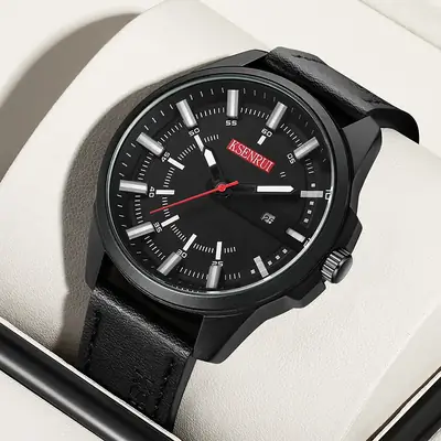 KSENRUI Black Leather Watch with Calendar Belt