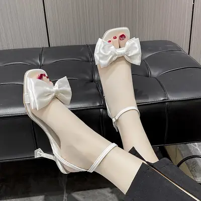 Women White Bow Stiletto Heels Summer Sandals