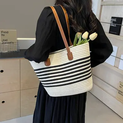 Women's Woven Striped Shoulder Bag Large Capacity