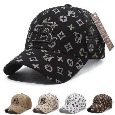 Unisex Black LV Print Baseball Cap with Gold Plated Back