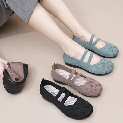 Women's Grey Flying Mesh Flat Shoes Comfortable Breathable