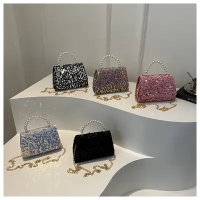 Women's Sequin Handbag with Pearl Handle