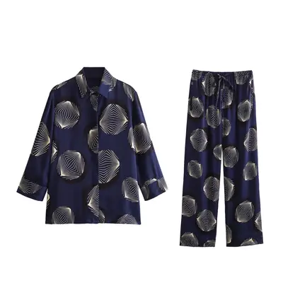 Foreign trade 2024 spring new women's European and American style silk satin texture printed shirt casual pants suit 2902066