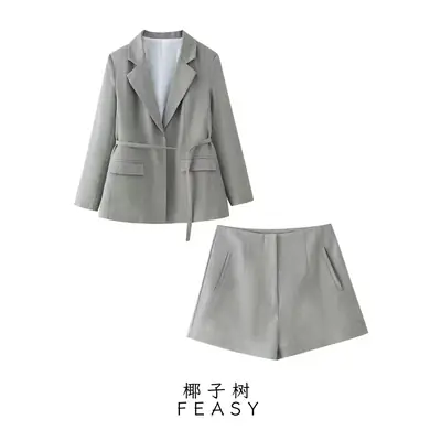 Women 2-Piece Grey Belted Suit Jacket & Shorts Set