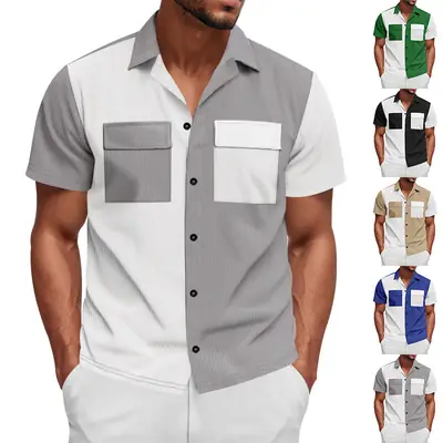 Men's Blue White Cotton Short Sleeve Shirt with Chest Pockets
