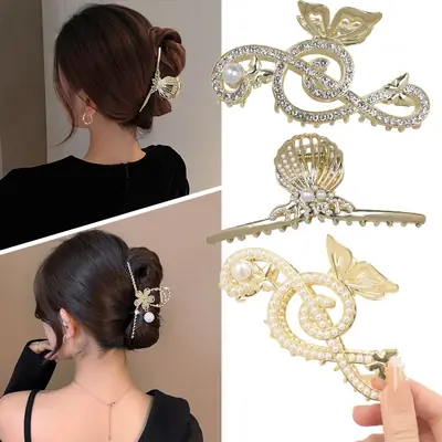 Gold Korean Rhinestone Hairpin Clip Pearl Grab Clip