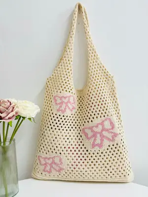 Women Knitted Bow Shoulder Bag Beige Blue Bow