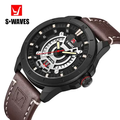 S-Waves Men's Waterproof Cross-Border Watch Brown Leather Belt