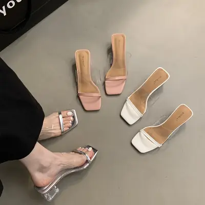 Crystal White Heel Slippers Women Summer Wear 2023