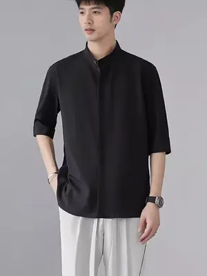 Men's White Collar Shirt with Short Sleeve Ice Silk