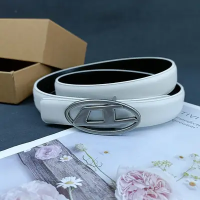 White Leather Belt with Logo Buckle for Women