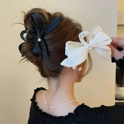 Women's Pearl Bow Hair Clip Large Size