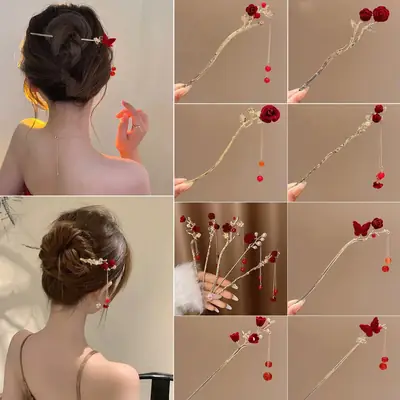 2024 New Chinese Red Rose Hairpin for Women