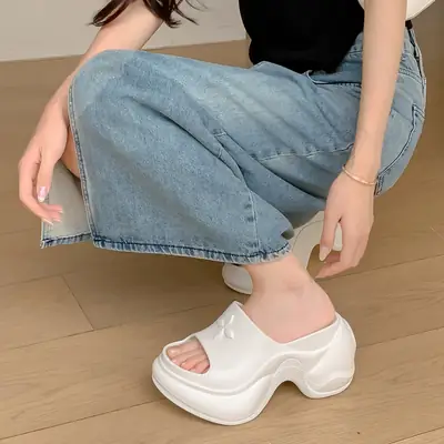 White Thick Heel Slippers for Women