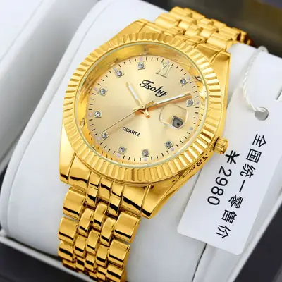 Golden Men's Quartz Watch with Diamond Dial