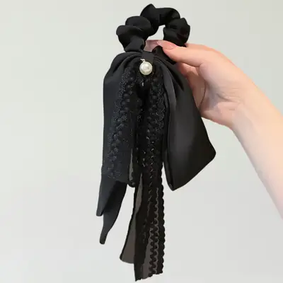 Black Bow Ribbon Hair Ring with Pearl Button