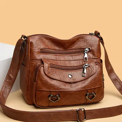 Brown Heart-Plated Crossbody Bag for Women