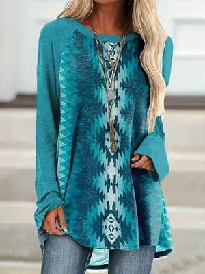 Cross-border Hot Selling 2024 Xiyin Amazon Aztec Western Ethnic Long-sleeved T-shirt Women's Top