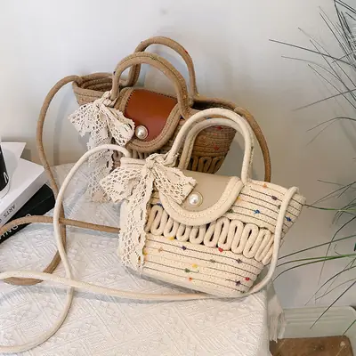 Western Style Hollow Woven Beach Bag with Lace Bow