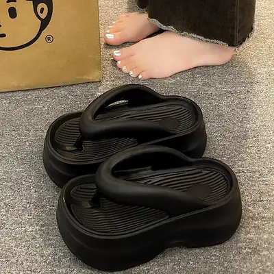 Black Thick Bottom Flip-Flops Women 2024 Summer