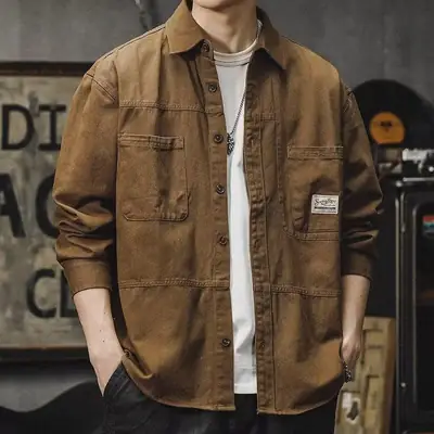 Men's Long-Sleeved Brown Workshirt with 2 Pocket