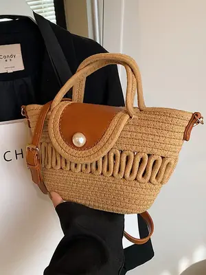 Women's Woven Shoulder Bag with Pearl Accents