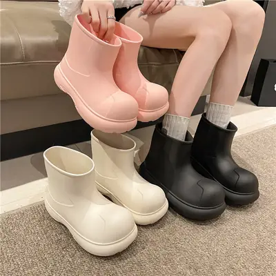 Women's Black Rain Boots Mid-Calf Thick Soled