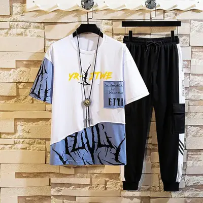 Men Sports Casual Shorts Suit Black Teal Three-Striped Set