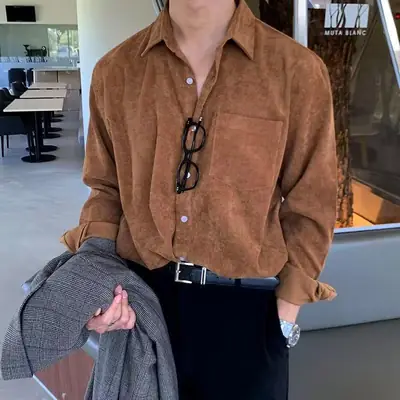 Men's Corduroy Long Sleeve Shirt Brown Spring Autumn
