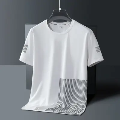 Men White Ice Silk T-Shirt Casual Summer Lightweight