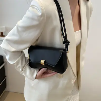 Black Women's Shoulder Crossbody Bag with Gold Clasp