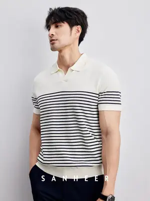 Men Striped Polo T-Shirt Blue White Casual Summer