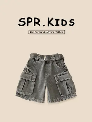 Spr Kids Boys Denim Shorts 2025 Summer New Belt Five Pocket