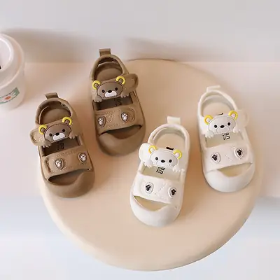 Baby Shoes Boy's Summer Strokes Sandals Soft Sole Simple Bear Kids Shoes Heap Shoes Beach Shoes for 1 to 2 Years Old