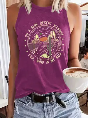 Women Western Print Sleeveless Vest Purple