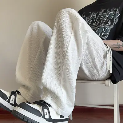 Men's Black Wide Leg Straight Pants with Stripe Detail