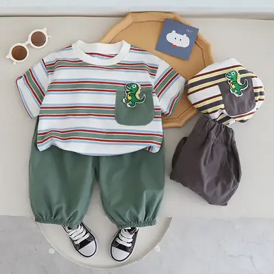 Children Striped T-Shirt Suit Green Pants 2024