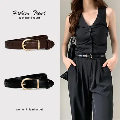 Women Genuine Leather Belt High-end Decorative Retro Double-layer Cowhide Simple Thin Belt