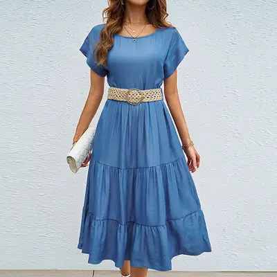Blue Casual Mid-Length Dress Women Summer