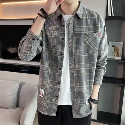 Men's Long Sleeve Plaid Shirt Grey White Loose Hong Kong Style