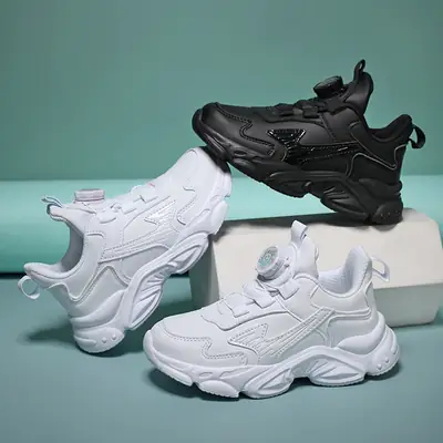 Kids White Running Sneakers with Rotating Buttons